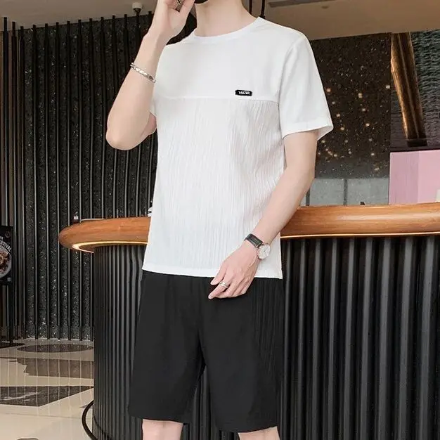 Bộ Đồ Lụa Lạnh Mùa Hè, Dành Cho Nam Giới, Áo Phông Và Quần Đùi, Dáng Rộng Vừa Vặn, Phong Cách Thường Ngày Mỏng, Thích Hợp Cho Giới Trẻ, Thể Thao, Nhanh Khô, Thoáng Khí, Bộ Đồ Hai Mảnh 3