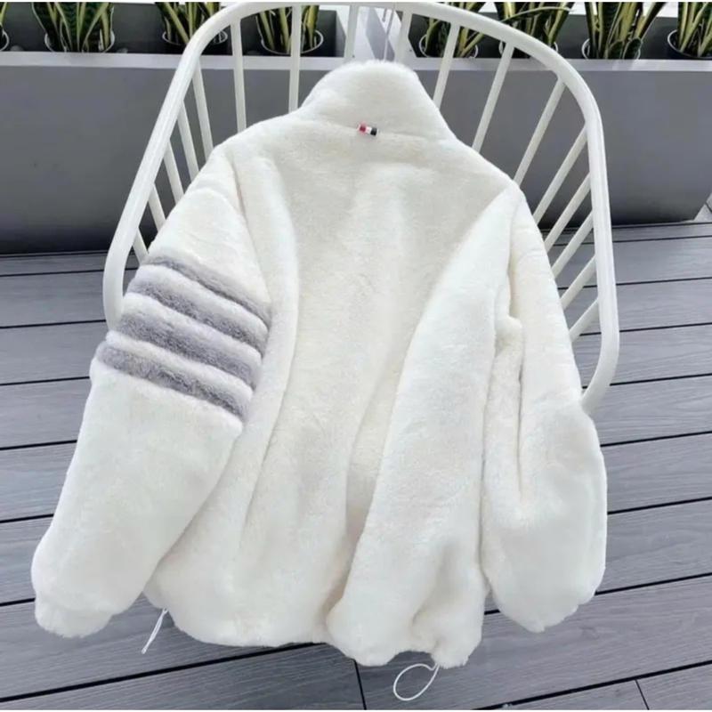 Áo Khoác nỉ Thom Lông Cừu Dày Dặn Phối Kẻ Sọc Tay, Phong Cách Hàn Quốc nam nữ mặc cực chât Cotton Jacket Cotton Jacket Menswear Trắng 2
