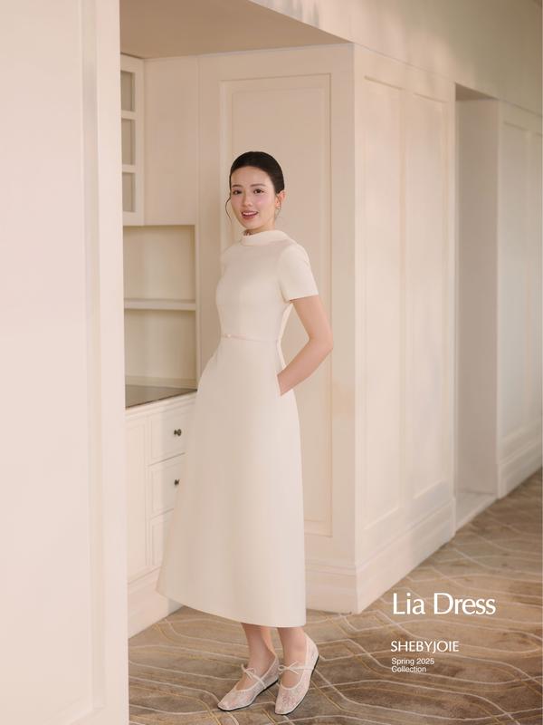 JOIE DES ROSES - Váy liền dáng dài cổ vòm tay ngắn phối đai nơ LIA