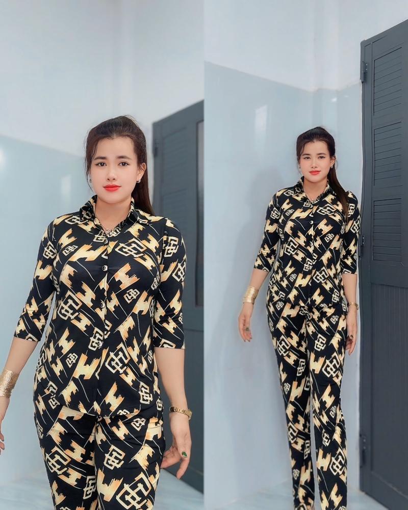 Product Introduction of Đồ Bộ Nữ Nút gài. cổ sơ mi  Tay lỡ nhẹ Vải thun aty mịn Quần dài size 40đến 75kg .đồ bộ Tâm Đan Nhung Áo.đồ bộ trung niên Vàng 46