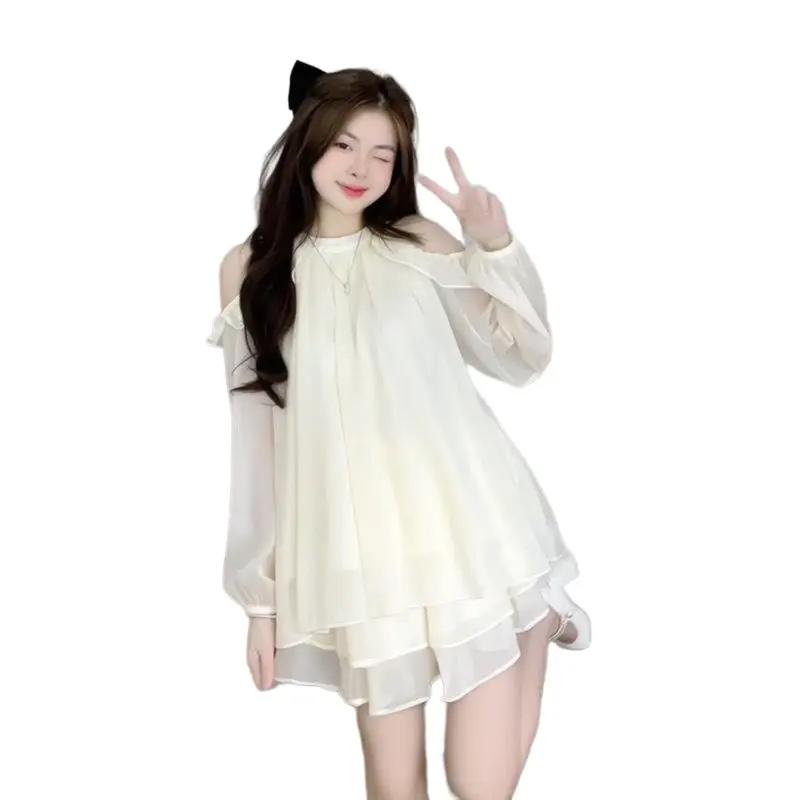 Bộ Đồ Thời Trang Cao Cấp Dành Cho Nữ, Quần Short Áo Yếm Hở vai dáng rộng 2 lớp Tay dài