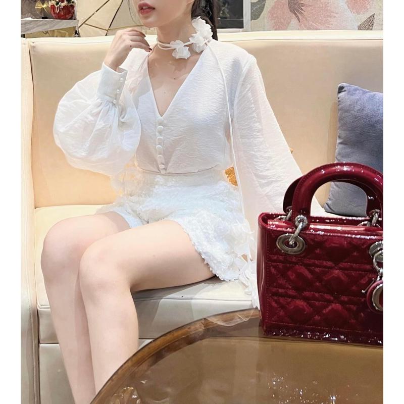 (Có BigSize) Set Áo Tay Dài Bèo Cổ Dây Kết Đá Và Chân Váy Chữ A 2 Túi Mổ A2CV013 1