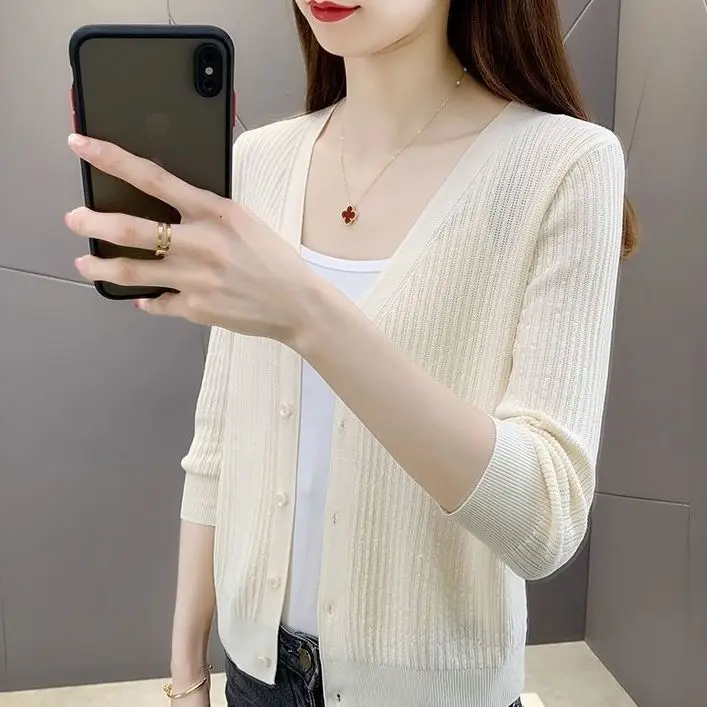 Áo Cardigan Mỏng, Thời Trang, Mùa Xuân / Mùa Hè, Ngoại Cỡ, Áo Khoác Lụa Lạnh Dệt Kim, Dành Cho Nữ, Phù Hợp Với Bên Ngoài, Ngắn, Dễ Phối Đồ, Áo Chống Nắng, Thích Hợp Cho Phòng Điều Hòa Không Khí, Áo Khoét