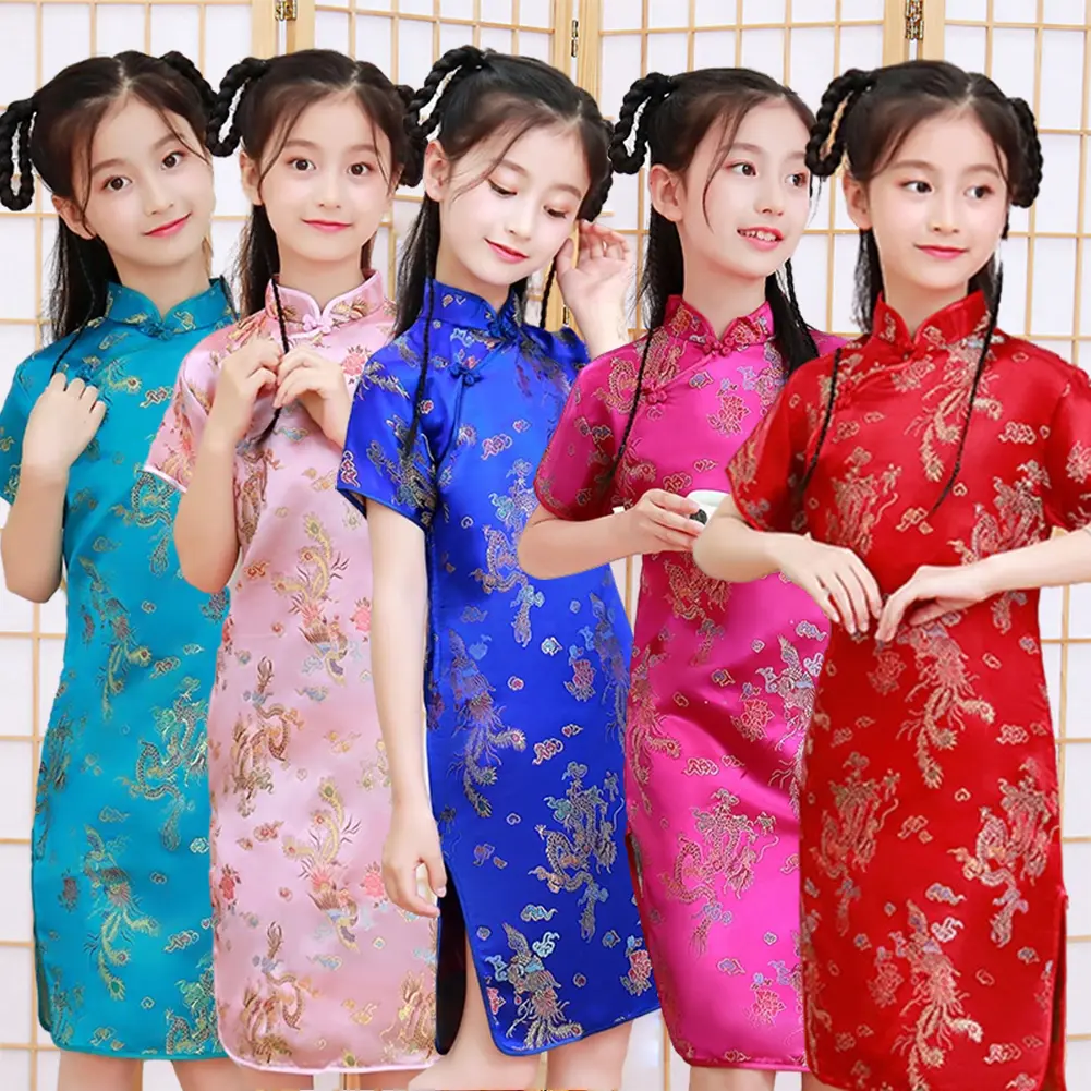 Girls Silky Satin cheongsam Princess Girls Dresses New Year cheongsam