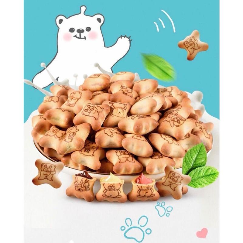 Combo 2 Hũ 500G (tổng 1KG) Bánh Gấu Nhân Kem  Nhà Máy SBT Mix 3 Vị Socola, Vị Dâu Tây, Vị Bơ Sữa Béo Ngậy, Thơm Ngon, Giòn Rụm, Ăn Vặt Snack