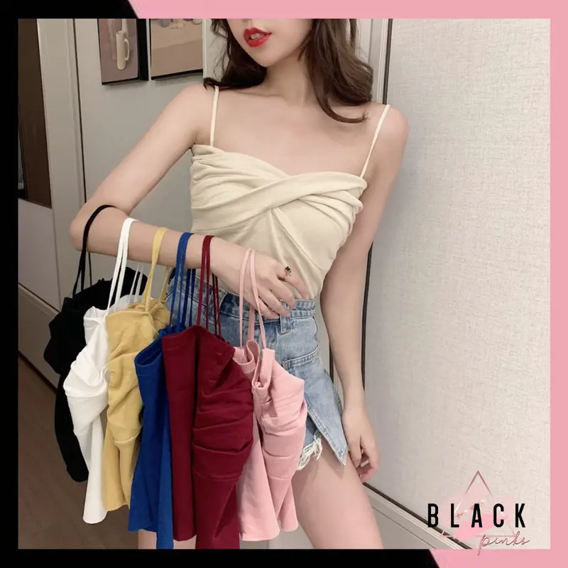 Blackpink Tanktop Olivia Croptop Silang Fit Bahan Rajut Pakaian Wanita Style Korea 4038 0