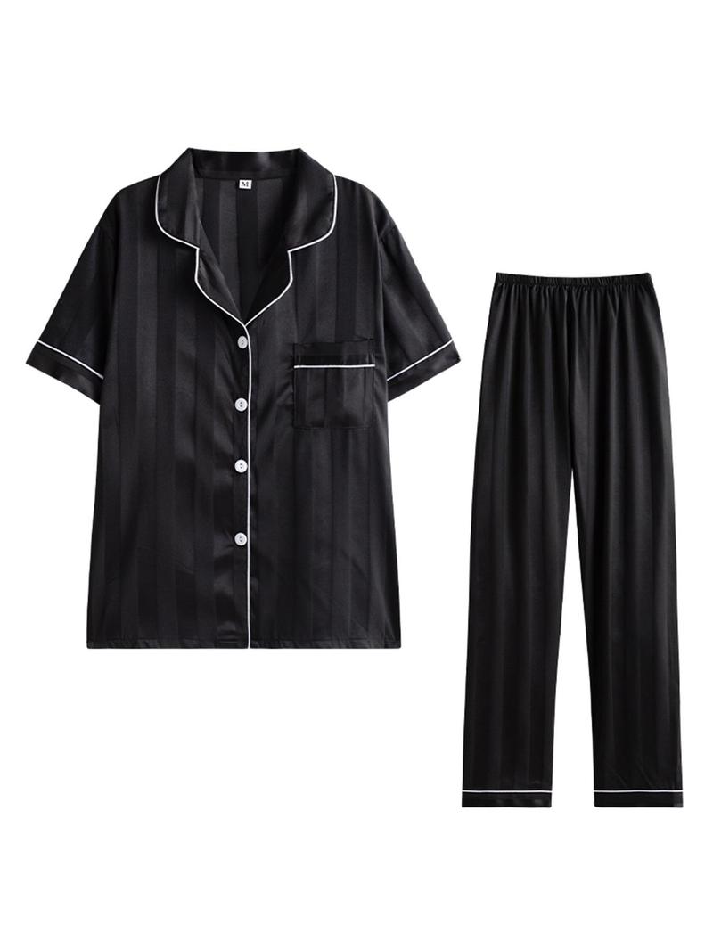 Product Introduction of Women's Striped Print Satin Pyjama Set, Button Front Short Sleeve Top & Elastic Waist Pants Pyjama Set, Casual Comfortable Sleepwear Set for Women 3