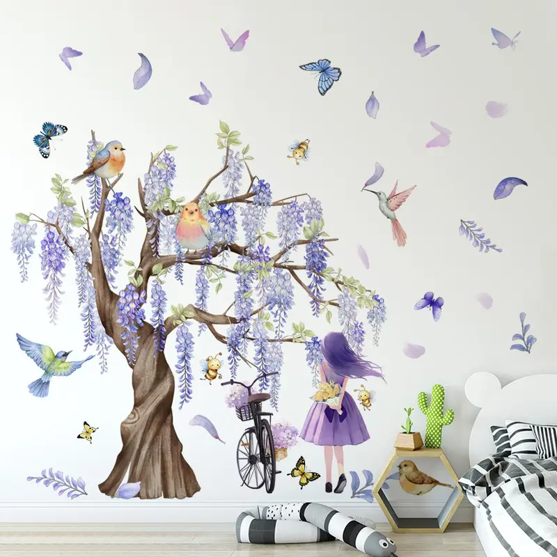 Cartoon Girl & Bird & Wisteria Tree Pattern Pattern Wall Sticker, 4counts/set Cute Decorative Stickers, DIY Wall Decor for Home Living Room Bedroom Kindergarten 2