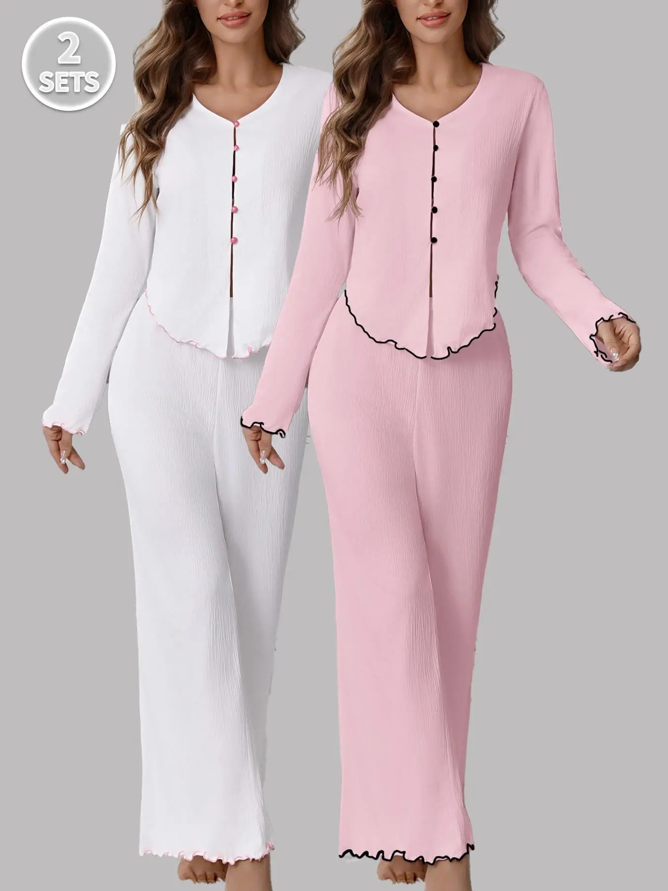 Women's Textured Contrast Binding Lettuce Trim Pyjama Set, Casual Comfy Button Front V Neck Long Sleeve Top & Elastic Waist Pants Pj Set, Women's Sleepwear for Fall & Winter