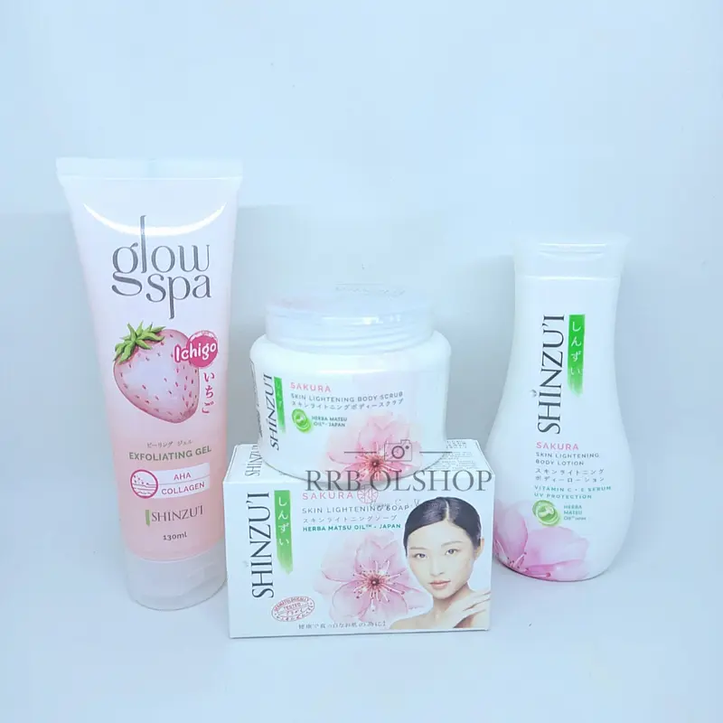 PAKET 6 IN 1 SHINZUI WHITENING - Body Scrub 110GR - Body Lotion 100ML - Glow Spa 130 ml - Body Cleanser 225 ml - Body Cleanser Refill 180ml - Sabun Batang 7