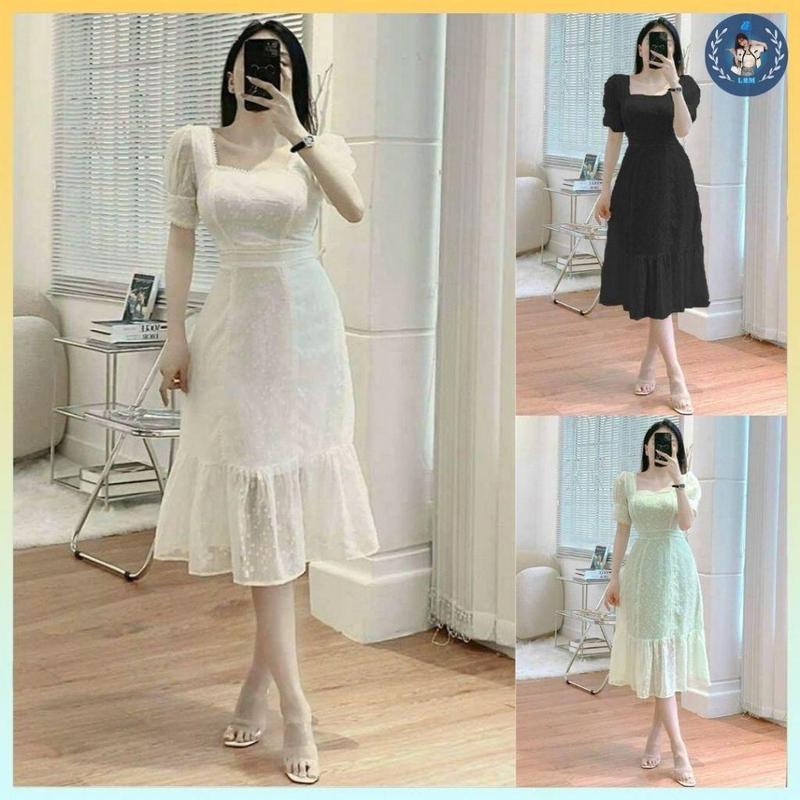[A262] Đầm nữ dự tiệc kiểu VÁY BÈO PHỐI REN cổ vuông TAY PHỒNG màu pastel nhẹ nhàng sang trọng - L2M ( Top Nhung Women Dress ) 【 hoa hồng  