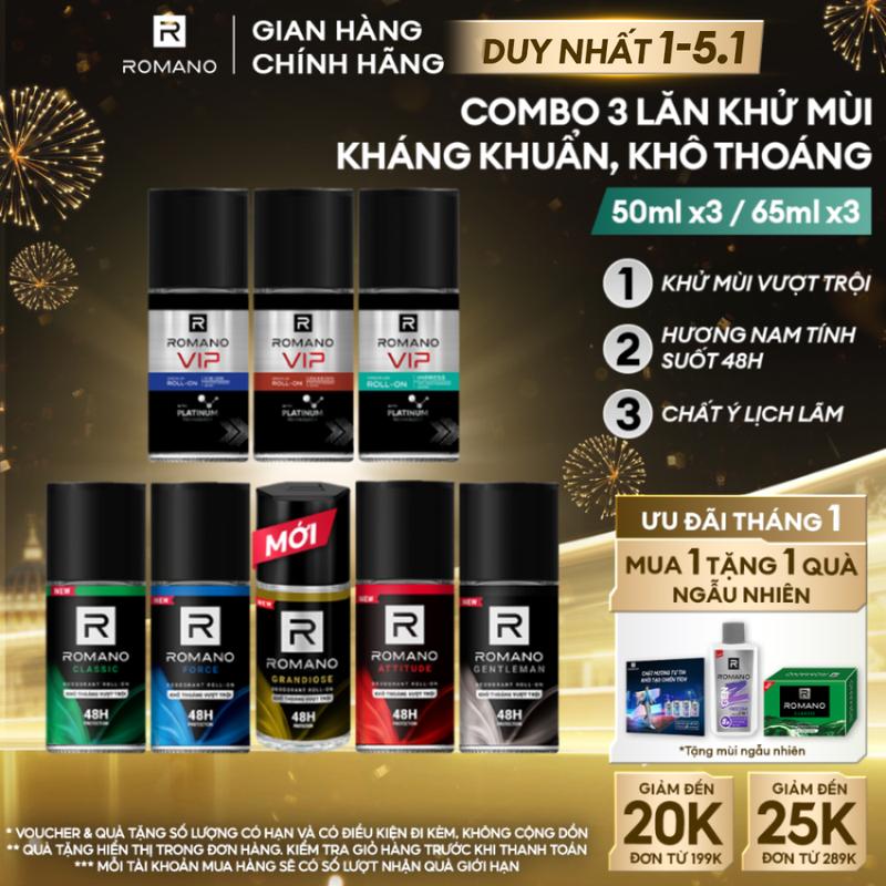 DUY NHẤT 1-5.1 Combo 3 Lăn khử mùi nam Dưỡng Thể kháng khuẩn & khô thoáng cả ngày cho nam Romano 50ml chai - 5 mùi hương có sẵn
