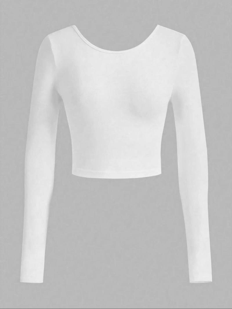 Product Introduction of Women's Solid Backless Scoop Neck Crop Top, Casual Fashion Cozy Long Sleeve T-shirt for Daily Outdoor Wear, Ladies Clothes for All Seasons, Clothing 5