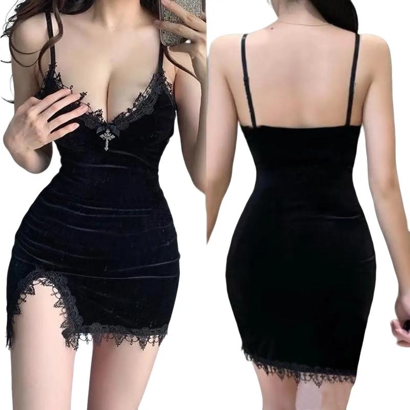 Đầm ôm body nữ kiểu 2 dây chất vải nhung phối ren bẹt hở vai Free Size dưới 53kg Nữ Thun Dress Màu Đen Viền Ren Voan Voi Women
