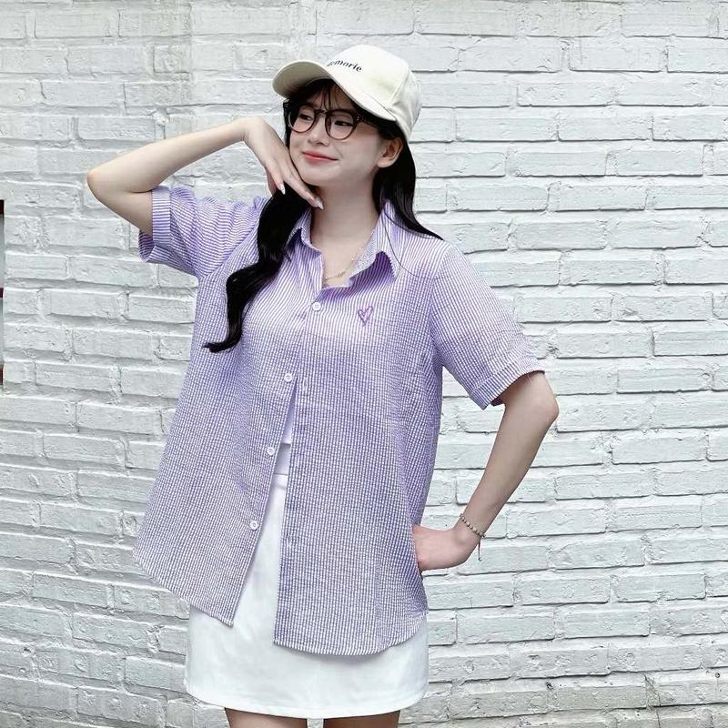 [A19] Áo sơ mi nữ Qiho kẻ sọc SM cộc tay Women Top