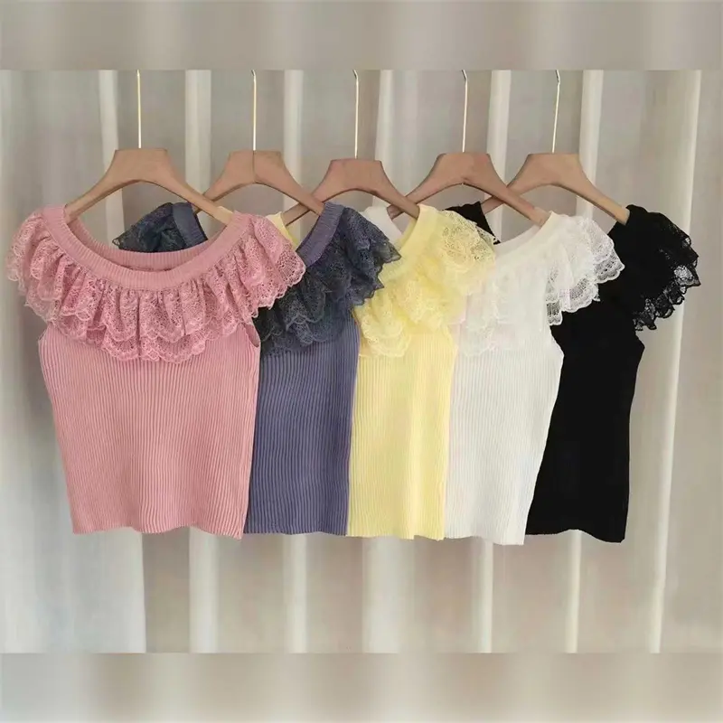 Áo Thun Mùa hè, vải gạc Chắp Vá, ngắn Tay, thiết kế lệch vai, phong cách Gợi Cảm và Thường Ngày Nữ Top 2