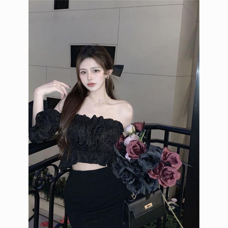 Áo Sơ Mi Trễ Vai Hình Lá, Ootd, Dành Cho Nữ, Tay Loe Rốn Ngắn, Áo Sơ Mi Dài Tay, Phong Cách Thanh Lịch Và Sang Trọng Kiểu Pháp, Thích Hợp Cho Mùa Hè 7