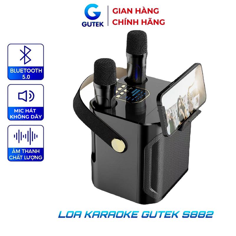 Loa bluetooth karaoke Gutek S882 kèm 2 mic hát không dây bass mạnh âm thanh công suất lớn