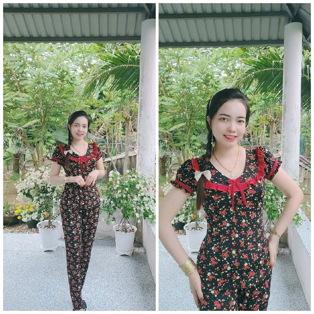 bộ tay ngắn cổ tim phối bèo màu tay ngắn quần dài ống ôm size 12345 Nữ  Thun