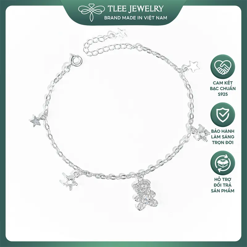 Lắc tay bạc nữ TLEE dây hoa mix charm ngôi sao treo măt gấu đính đá xinh xắn TLEEJEWELRY LT0226 0