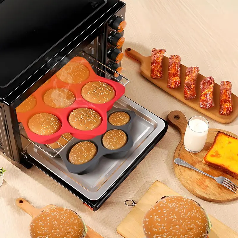 7-cavity Hamburger Bread Mold, 1 Count Non-stick Heat Resistant Burger Bun Mold, Homemade Burger Bun Mold for Home Kitchen Baking House 6