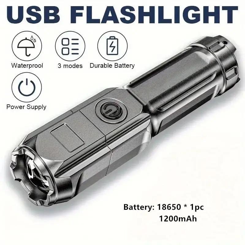 USB Rechargeable Zoomable Flashlight, Three-gear Adjustment Handheld Flashlights, LED Waterproof Flashlight For Outdoor Camping Emergency 4