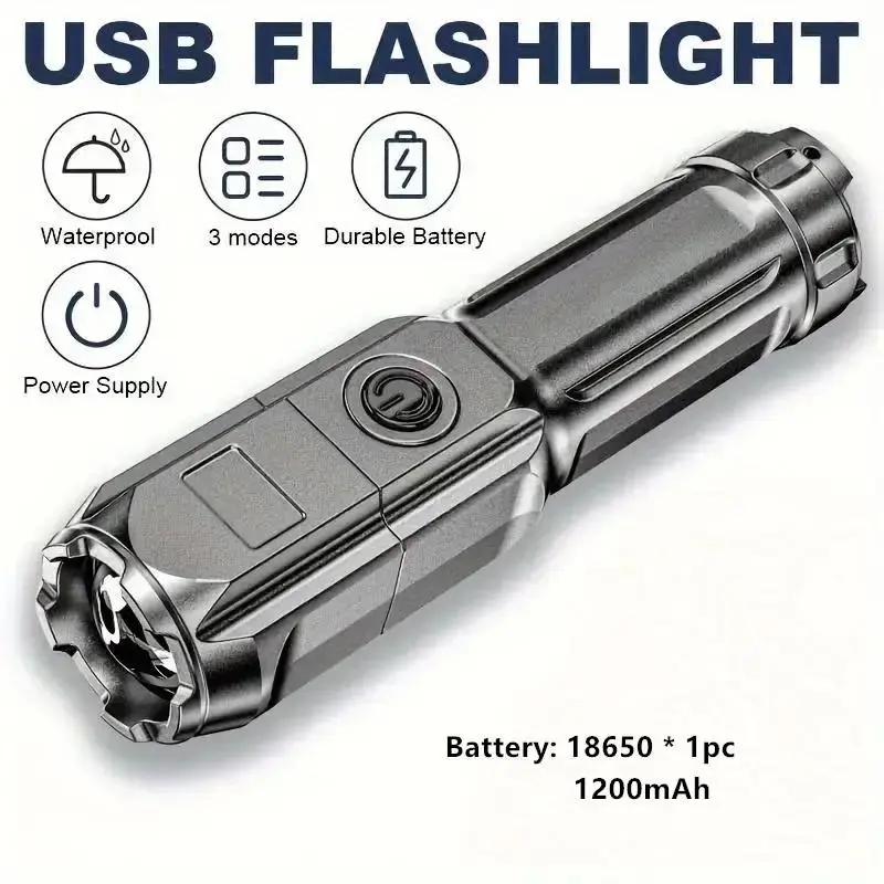 USB Rechargeable Zoomable Flashlight, Three-gear Adjustment Handheld Flashlights, LED Waterproof Flashlight For Outdoor Camping Emergency 4