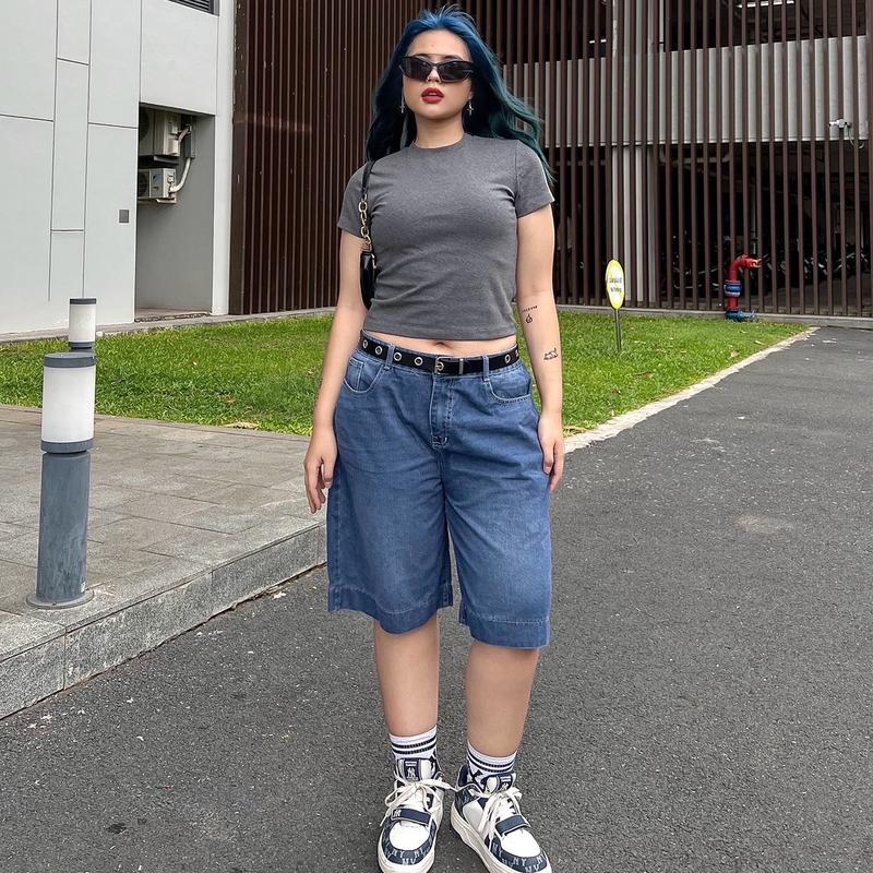 [Bigsize 60-80kg] Quần shorts jean lửng Chara bigsize ống rộng lưng thấp, phong cách cá tính,y2k, trend 2024
