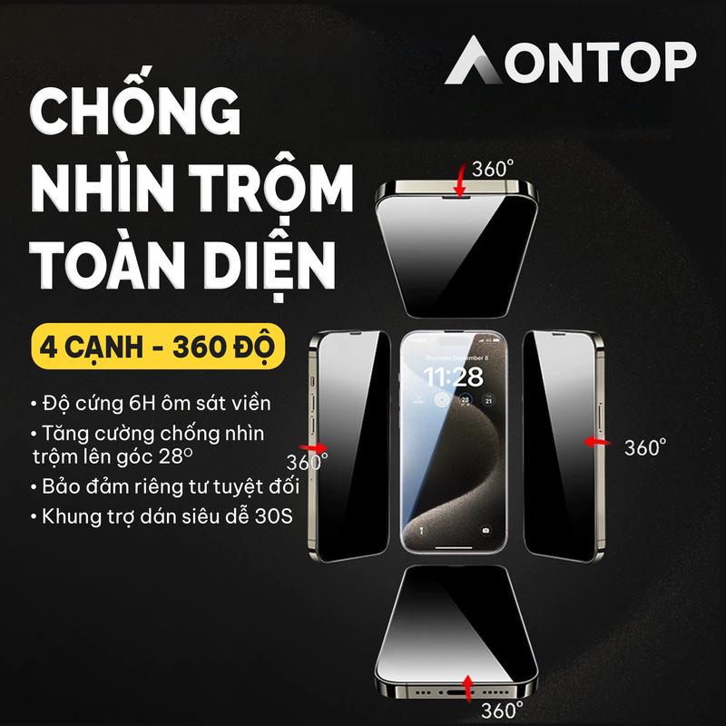 Kính Cường Lực Chống Nhìn Trộm 360 Độ Dành Cho iPhone X Xr Xs Max 11 12 13 14 15 Pro Max 16 Plus, Kèm Khung Trợ Dán Dễ Dàng, CNT 4 Cạnh Trái - Phải - Trên - Dưới
