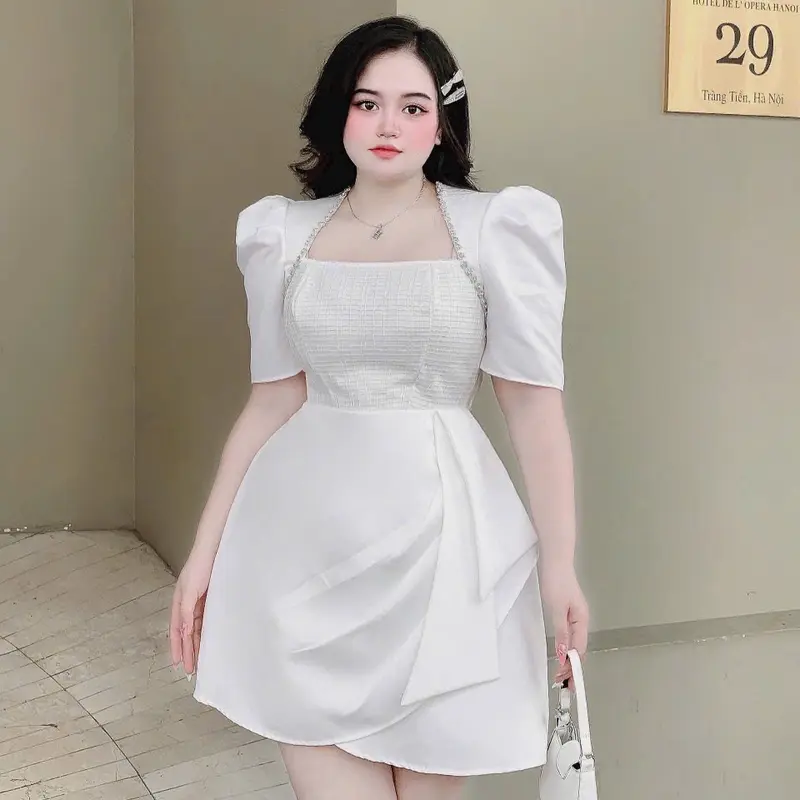 [ANiE Bigsize] Đầm Tiệc Đính Viền Đá Tay Phồng Xếp Eo Bigsize 60 đến 90ký Chất Vải Tapta Dáng Ngắn Có màu Đen/ Trắng/ Kem Để Đi Tiệc Hoặc Đi Chơi Nữ Dress Women 4