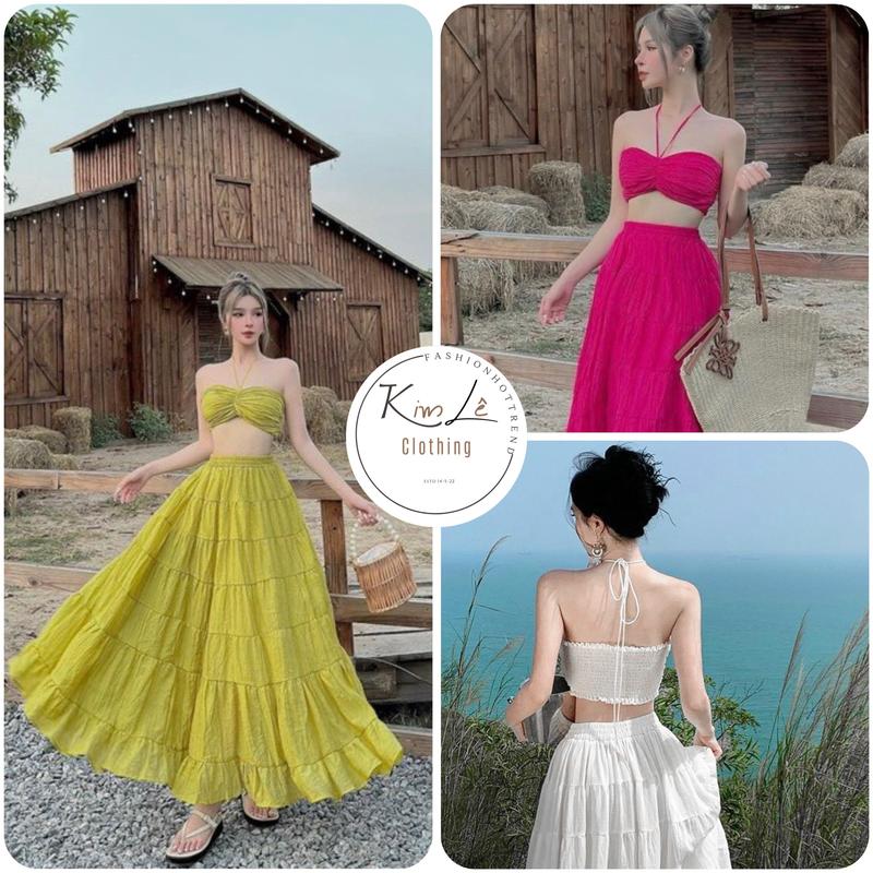 Set Maxi Áo Cúp Dây Cột Cổ Phối Chân Váy Dáng Dài Bồng Bềnh Nàng Thơ (có mút) Chất: Xốp Nhúng ( có lót ) Freesize: <55kg Nữ Women