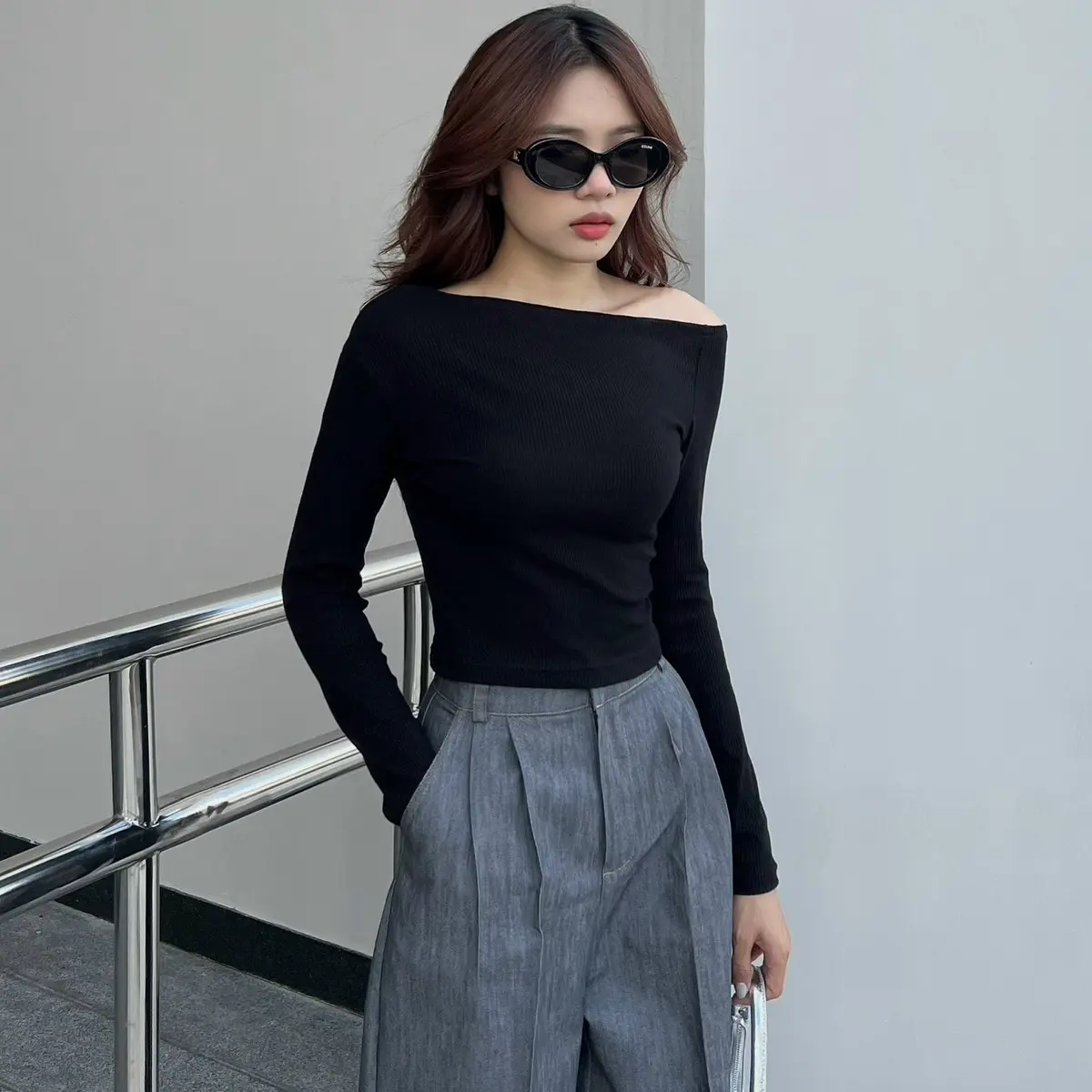 Áo croptop nữ lệch vai tay dài Hhvintage thun gân tăm co dãn Top A10 Women