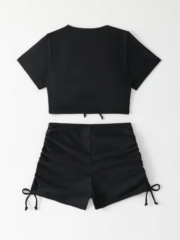 Women's Solid Color Tie Side Crop Top & Swim Knicker Tankini Set, Casual Fashion Swimwear Set for Beach Holiday Vacation, Ladies Swimsuit for All Seasons 1