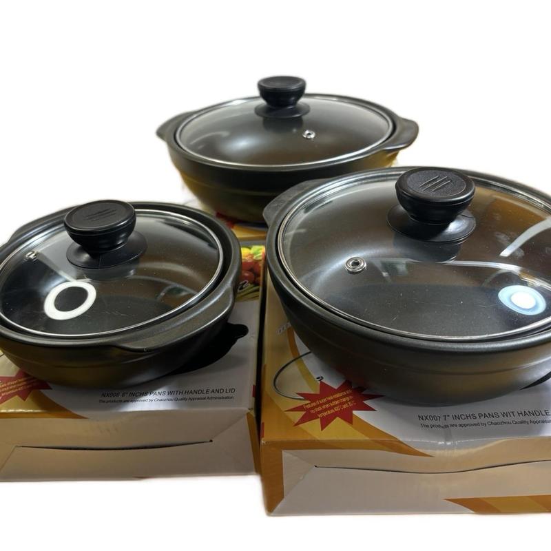 Bộ  3 nồi  đất cạn nấu mì cay / Bộ  3 nồi  đất nấu  mỳ cay 6in,7in,8in nắp kính, nồi kho quẹt, nồi kho tộ, nồi kho cá , nồi kho thịt nồi  niêu nồi  đất nồi  chơi