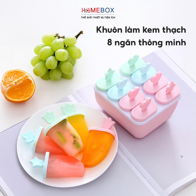 Combo 3 Khuôn Kem 8 Ngăn Có hộp, Khay Làm Kem Que Thạch Pudding Hoa Quả bằng nhựa PP an toàn