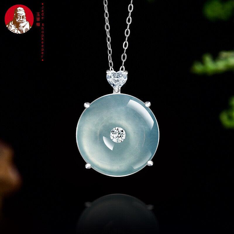 S925 silver inlaid with natural A jadeite blue water safety buckle ice jade pendant pendant necklace men's and women's pendant 0