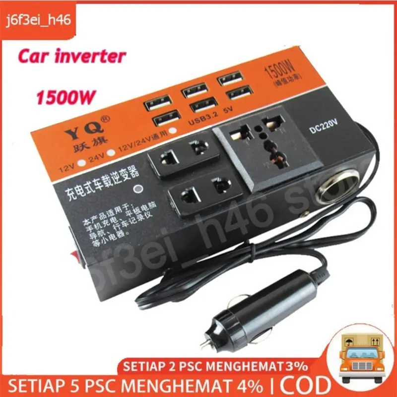 1500W DC Portable USB Car Power Inverter Adapter With 6 USB Ports 12V/24V To AC 220V Charger Fast Charging Car Universal Socket black Paket ResellerFyur 7