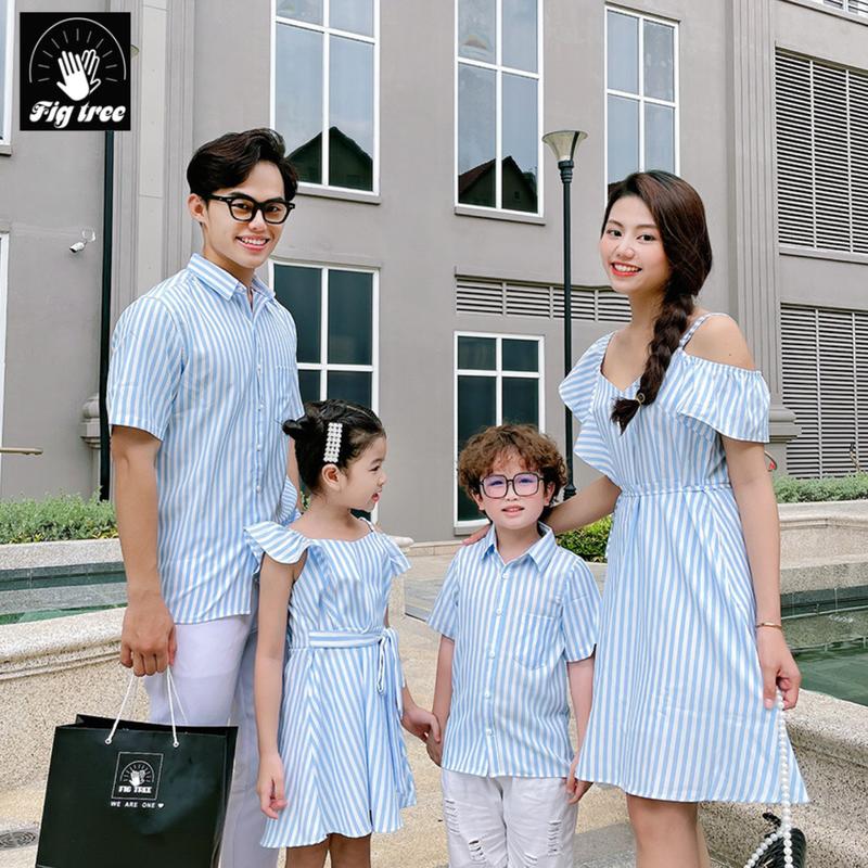 Sét Đồ Gia Đình FigTree ( Sét giá 1 sp) - Áo Sơ Mi Nam Và Váy Nữ Họa Tiết Sọc Xanh (Mã Số 171 ) Chất Cotton Mềm Mịn, Thoáng mát - Nam ko Kèm Quần 1