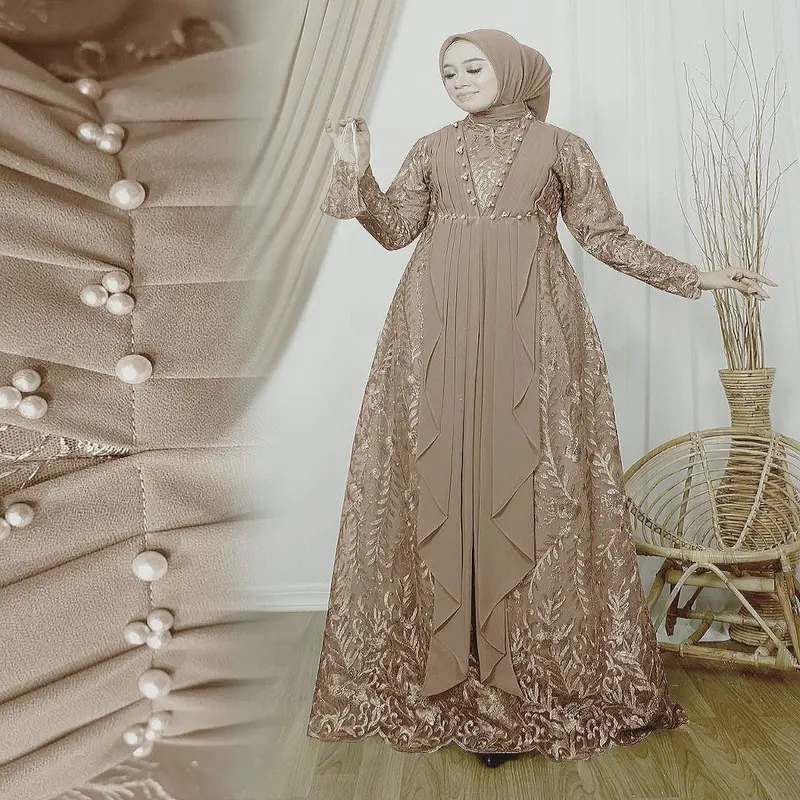 MAXI SHANIA FULL BRUKAT | M L XL XXL 3XL | GAMIS BUSUI TERBARU FASHION MUSLIM WANITA Hitam Cokelat Navy Bunga Putih 7