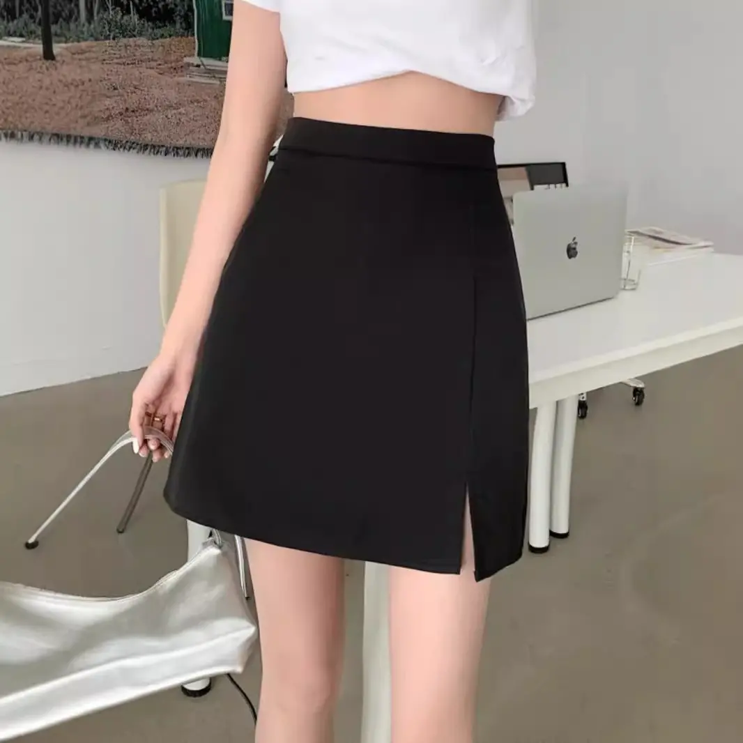 Cotton Blend Split Skirt for Women 2024 New All-Match High Waist Slim Hip Skirt A- Line Skort Black Skirt Womenswear Bottom Lingerie Comfort
