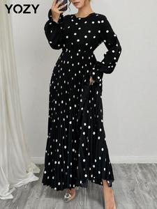 YOZY Women's Polka Dot Print Pleated Flounce Sleeve Dress, Casual Long Sleeve Round Neck A Line Dress for Daily Wear, Ladies Clothes for All Seasons