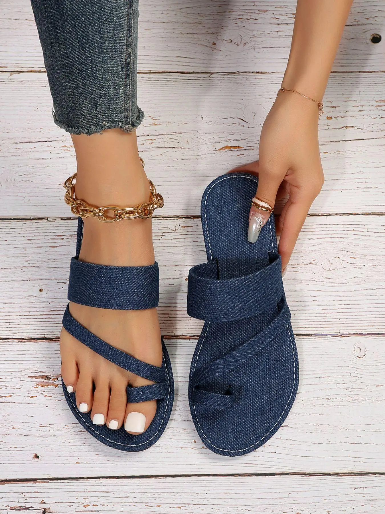 Women's Fashionable Denim Design Slip on Sandals, Casual Ring Toe Strappy Sandals for Beach, Fashion Shoes for Party, Daily Clothing Decor, Girl