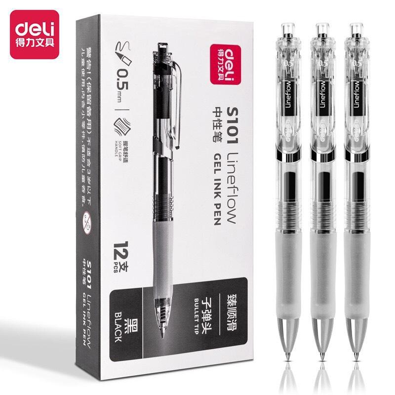 Cả hộp Bút gel Deli S101 bút mực bấm văn phòng mực đen ngòi 0.5mm mực đều có ruột thay thế