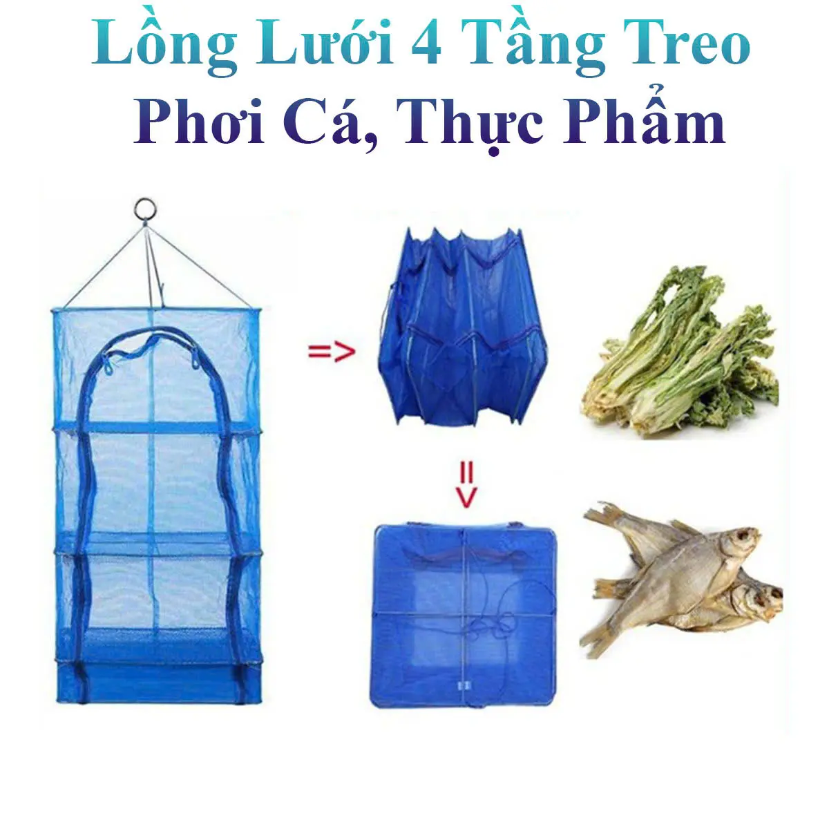 Lồng Lưới 4 Tầng Treo Phơi Cá, Phơi Khô, Thực Phẩm 70x35cm