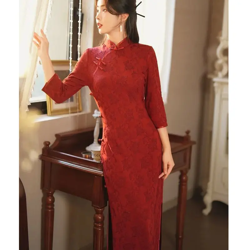 Cheongsam, Corak Gelap, Merah Wain, Gaya Cina Baru, Gaun Panjang ...
