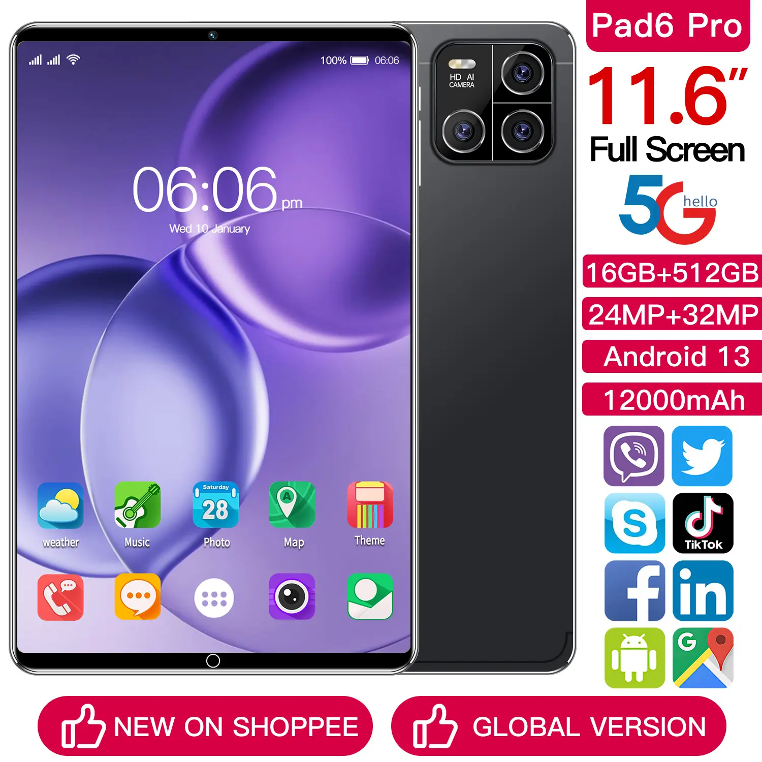In Stock Hot Sale Pad6pro Android Tablet 11.6-Inch 16G +512G Android 13.0 System Ultra-Long Life Battery, Card-Inserting Large Screen Eye Protection Computer