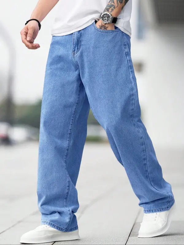 Men's Solid Color Wide Leg Jeans, Loose Casual Comfy Denim Trousers for Daily Wear, Fashion Men's Bottoms for All Seasons, Cotton, Casual Pants 0