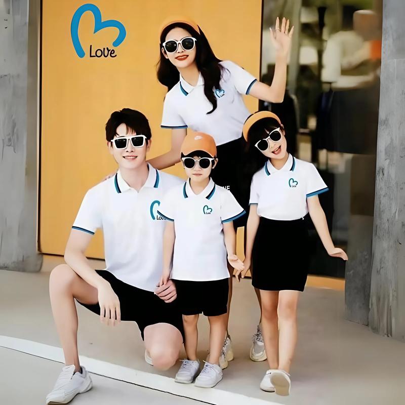 Áo thun có cổ polo đồng phục gia đình phối sọc họa tiết trái tim chất thun cá sấu co dãn 4 chiều, thoáng mát, hạn chế nhăn