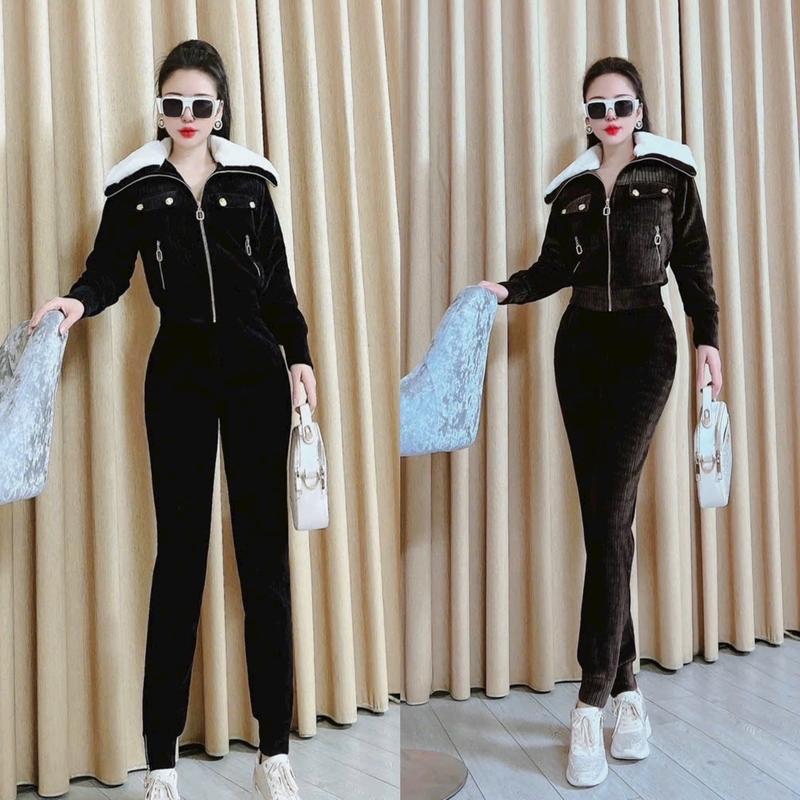 BỘ NHUNG (H8) lót lông cừu phối cúc nhung tăm cao cấp Nữ Women Màu Nâu