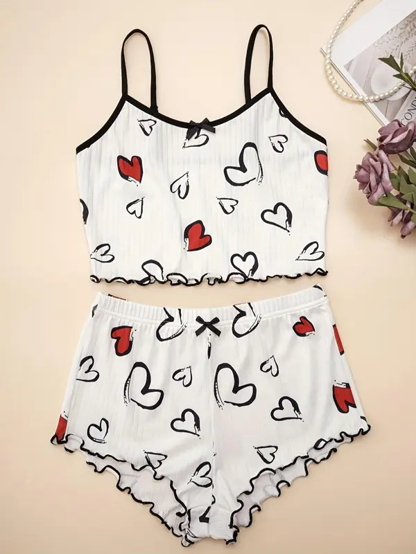 Christmas Gift Women's Heart Print Lettuce Trim Pajama Set, Casual Comfort Sleeveless Cami Crop Top & Elastic Waist PJ Shorts, Summer Wear 2024, Women's Tighten Pants, Lady Chic Homewear Loungewear Pyjamas Womenswear Lingerie 5